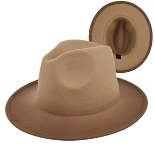 Detail shot of a fedora hat showing the felt texture and contrast binding on the wide brim