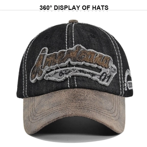 Detailed view of Americana 3D embroidery on washed vintage denim baseball cap