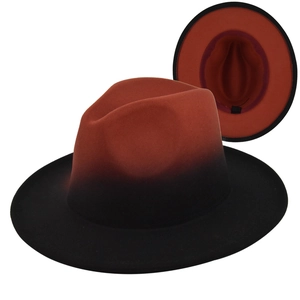 Detail view of two-tone gradient fedora showing red lining and black inner sweatband