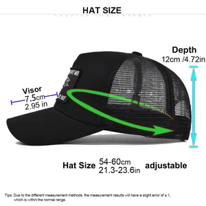 Detailed size chart showing visor length and adjustable head circumference for baseball cap