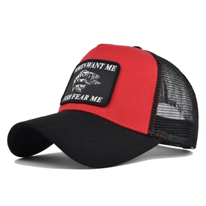 Fishing trucker hat in red and black with mesh back and humorous fish patch