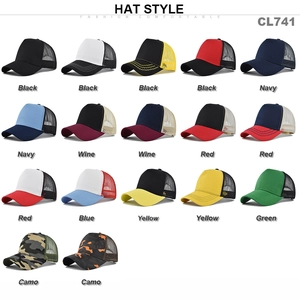 Grid view of multi-color trucker hats with mesh back and curved brim in various colors