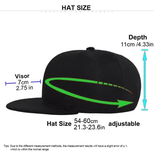 Tableau des tailles avec dimensions pour casquette hip hop à visière plate réglable
