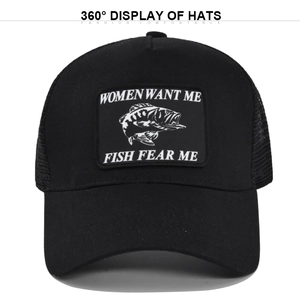 Black trucker hat with mesh back and 'Women Want Me Fish Fear Me' fishing slogan patch