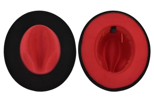 Detailed top and interior view of a red and black gradient wool felt fedora hat