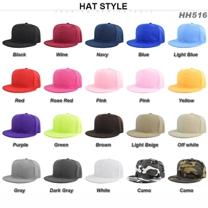 Catalog view of multi-color snapback hats in solid tones and camouflage patterns
