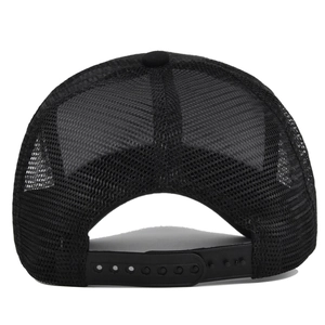 Back view of black trucker hat showing breathable mesh and adjustable snapback closure