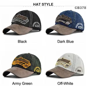 Vintage washed denim baseball cap with 3D embroidery patchwork and worn leather-like brim