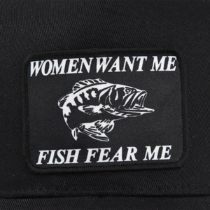 Classic black mesh baseball cap with embroidered Fish Fear Me patch for sun protection