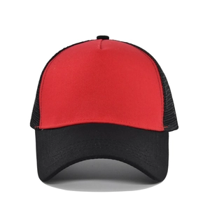 Detail of red canvas front and black mesh back breathable baseball cap for sports