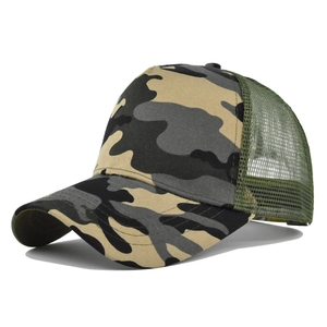 Detail view showing breathable green nylon mesh and jungle camouflage pattern on the trucker hat