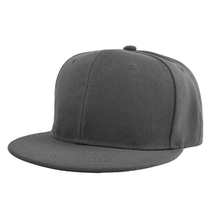Detailed close-up showing the dark gray twill fabric and six-panel stitching of the snapback hat