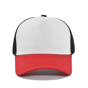 Detail of three-color mesh baseball cap featuring red brim, white front, and black mesh back