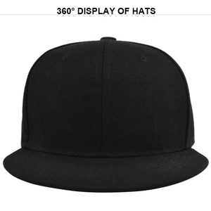 Front view of solid black flat brim baseball cap with 360-degree display and breathable eyelets