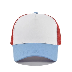 Close-up of the breathable polyester mesh and stitching on the red and white trucker hat