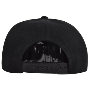 Detail view of the black baseball cap showing its adjustable plastic snapback closure