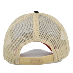 Close-up of beige mesh trucker hat with adjustable snapback and red brim lining