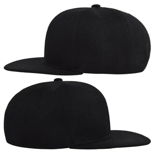 Close-up of a plain black snapback hip-hop hat with 6-panel cotton twill construction