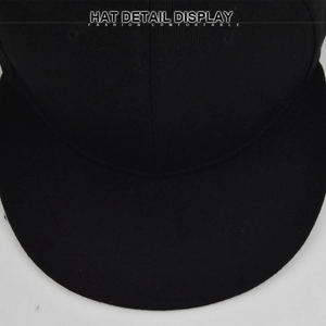 Detail display of stitching on black hip hop flat brim baseball cap with cotton twill fabric