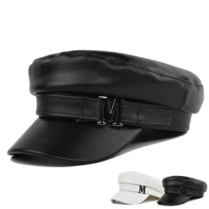Berretto da Marinaio Vintage in Pelle PU per Donna Cappello a Cima Piatta con Fibbia in Metallo M Berretto alla Moda