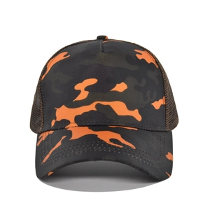 Detailed view of the black and orange camo trucker hat with breathable mesh back panels