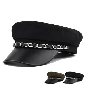 Cappello da Strillone Vintage da Donna Con Catena di Metallo Nero Verde Militare Cotone Pelle PU Cappello Marinaresco Berretto