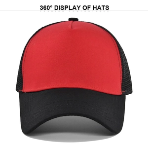 Detailed front view of a two-tone baseball cap with red canvas and black mesh