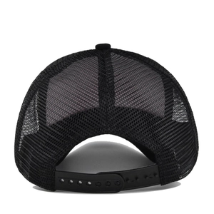 Rear view of black mesh trucker hat featuring breathable material and adjustable snapback closure