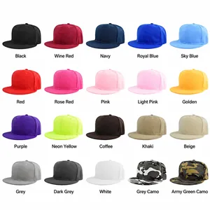 Grille détaillée présentant 20 casquettes hip hop colorées avec motifs unis et camouflage