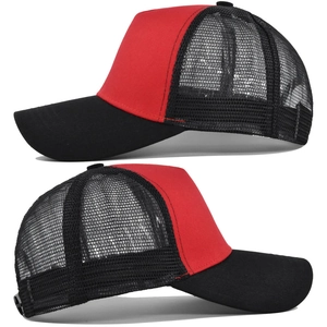Detail view of red and black trucker hat featuring breathable mesh and curved visor
