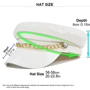 Size chart showing head circumference and dimensions for the white wool newsboy cap