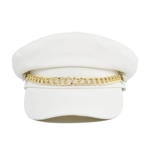 Detailed view of white PU leather newsboy hat with decorative chunky golden metal chain