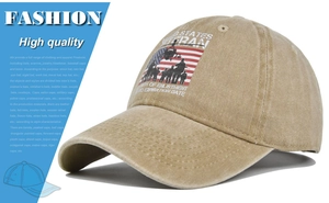 Detail of screen-printed veteran graphics on vintage washed khaki baseball cap