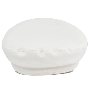Detail shot of white faux leather beret with high-quality stitching and texture