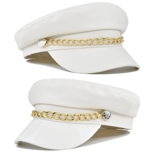 White wool baker boy hat featuring a thick gold metal chain and side buttons detail