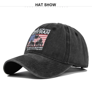 Detail of vintage distressed baseball cap with US flag veteran theme printed patch