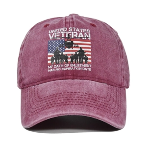 Close-up of vintage washed wine red baseball cap with United States Veteran military print