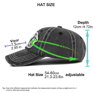 Adjustable vintage distressed baseball cap with embroidery showing size measurements