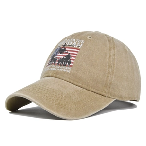 Vintage khaki washed cotton baseball cap featuring US veteran flag and helicopter graphics