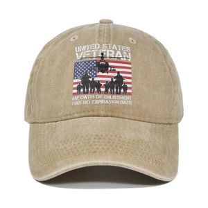 Detailed view of the United States Veteran print on khaki twill cotton baseball cap