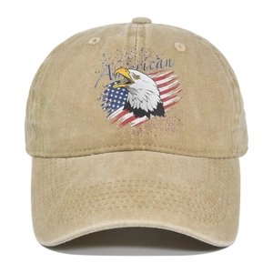 Berretto da baseball vintage kaki lavato con stampa aquila americana e bandiera