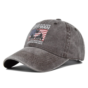Detailed side view of washed vintage baseball cap with US Veteran tactical print details