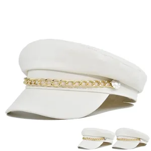 White PU Leather Navy Cap Women Vintage Newsboy Hat With Gold Metal Chain Retro Fashion Baker Boy Cap Sailor Hat For Winter