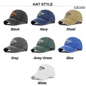 Collage of seven vintage washed cotton baseball caps with coconut tree summer embroidery