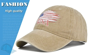 Detail view of khaki washed cotton baseball cap with USA print and vintage flag design