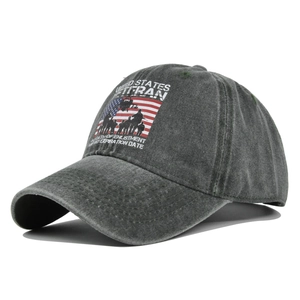 Detail of vintage washed grey cotton baseball cap with United States Veteran military print