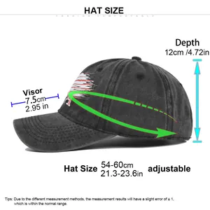 Detailed size chart for the USA printed baseball cap showing adjustable head circumference