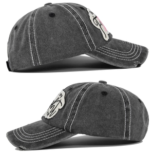 Detail view of washed gray denim baseball cap with vintage distressed brim and embroidery