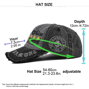 Size chart for vintage skull baseball cap showing adjustable 54-60cm circumference and visor