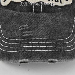 Retro washed dark grey baseball cap with embroidery and distressed frayed edge details
